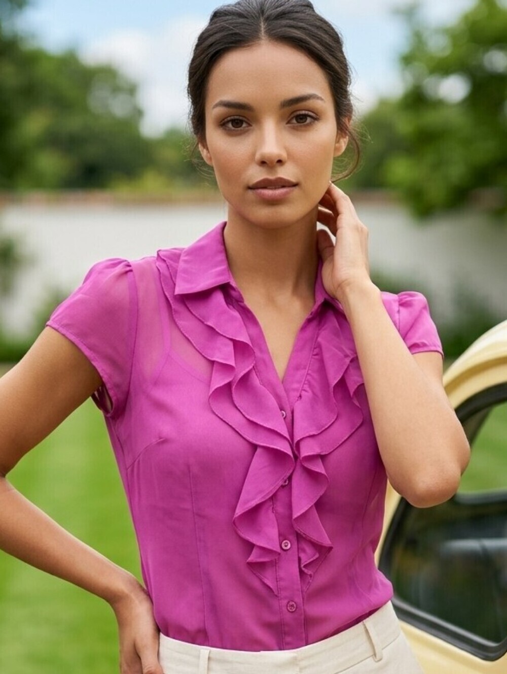 Women's Chelsea & Violet Fuchsia Sheer Y2K Ruffle Button Down Blouse M Coquette